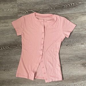 Full Length Short Sleeve Pink Button-Down Knit Top